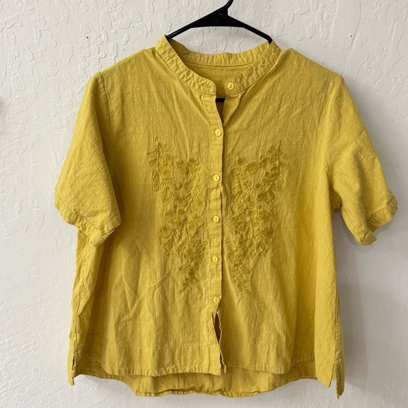 Tops - Yellow Linen Cotton Blend Boxy Embroidered Button Down Short Sleeve